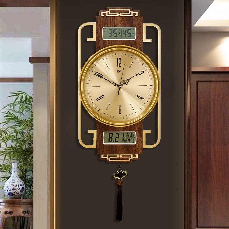 新中式钟表挂钟客厅家用时尚风实木万年历创意时钟挂墙免打孔