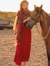 茶卡盐湖旅游裙子红色连衣裙度假民族风沙滩裙沙漠胡杨林拍照长裙