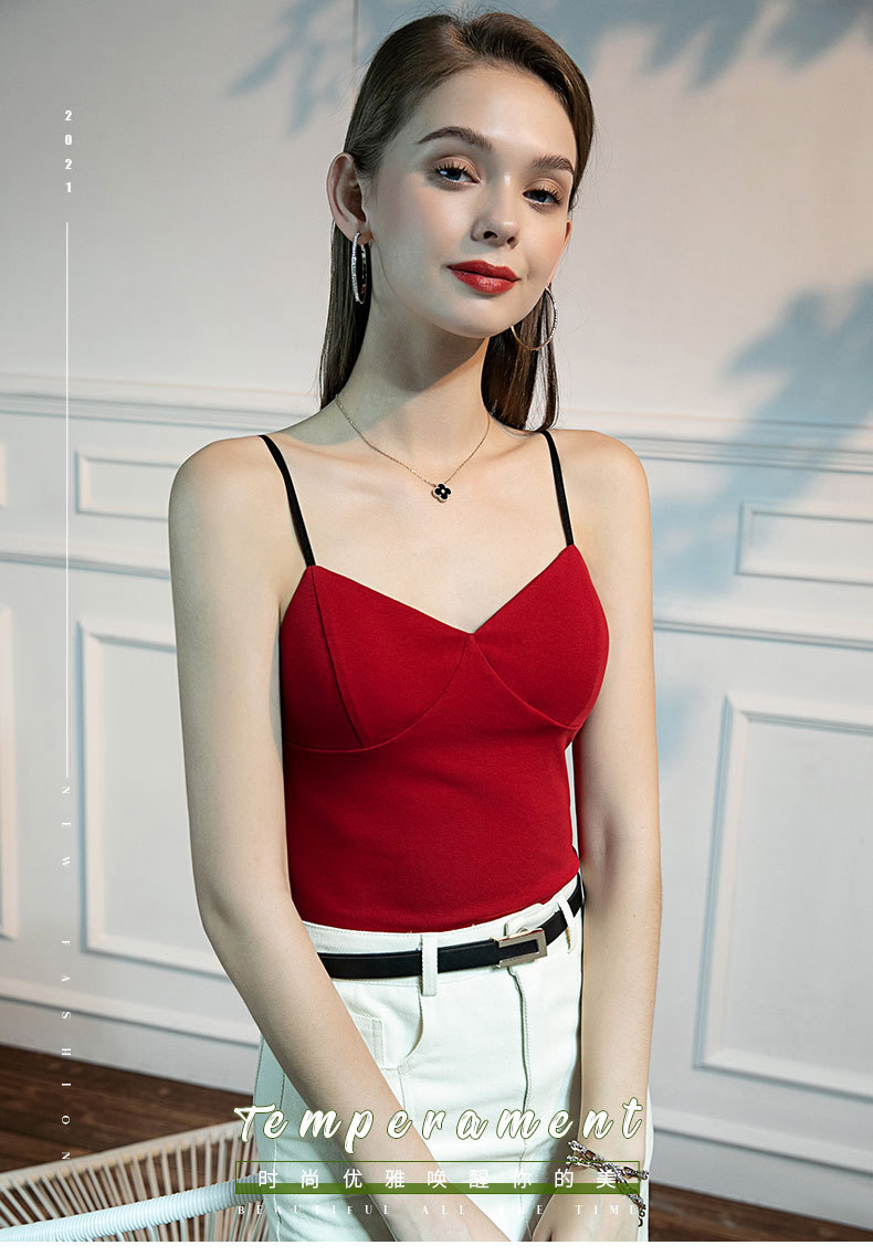 2夏季新款纯棉吊带女修身带胸垫内搭性感外穿百搭背心可拆胸棉