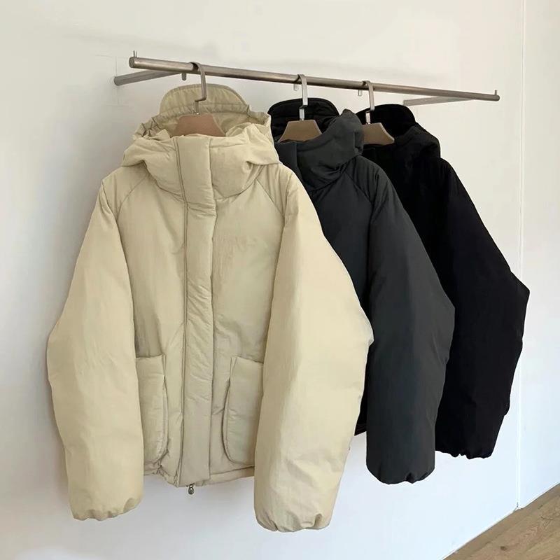 Korean Style White Duck down Large Pocket Loose Puffer down Jacket Female Short Type Hooded Jacket 2023 Winter