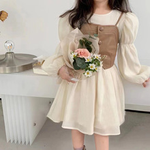 童装2024春装新品女童韩版洋气灯笼袖设计坎肩网纱两件套连衣裙装