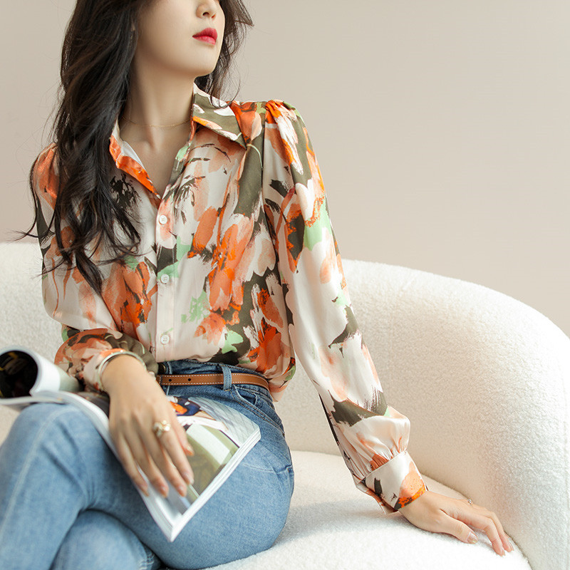 欧货 绚烂迷人印花 上身炸街美 度假风情 素绉缎仿真丝花衬衣 女
