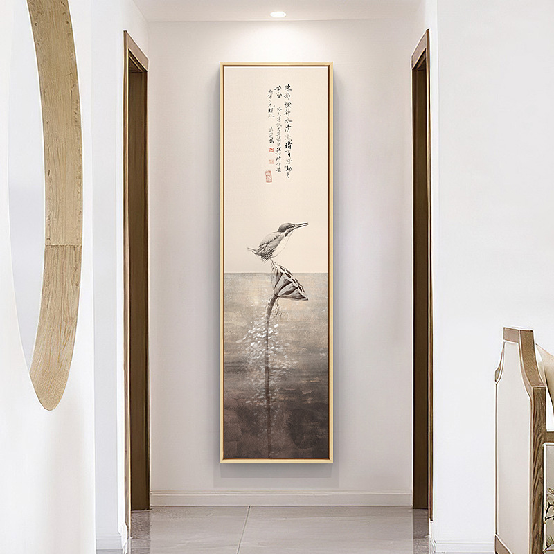 新中式禅意玄关装饰画竖版长条中国风荷花茶室挂画莲花酒店壁画