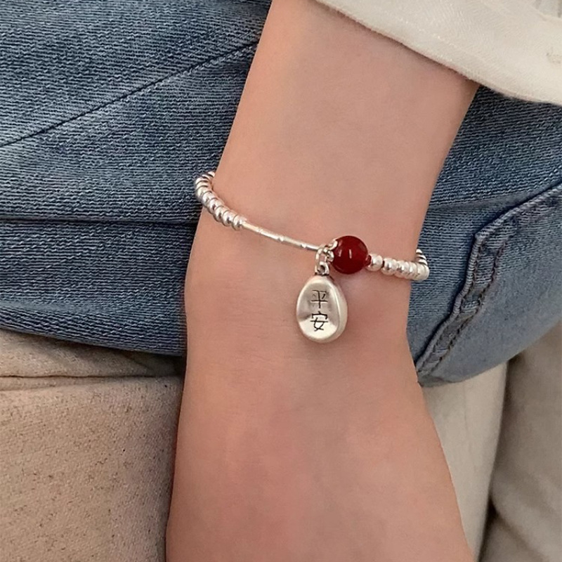 New Chinese Style Red Agate Safety Bracelet Female S925 Sterling Silver Special Interest Light Luxury All-Match Bracelet Fashionable High-Grade Bracelet