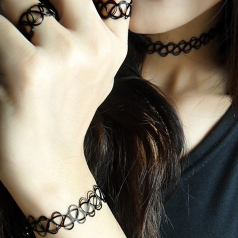 欧美时尚镂空纹身编织鱼线项链弹力指环项圈手链戒指饰品套装