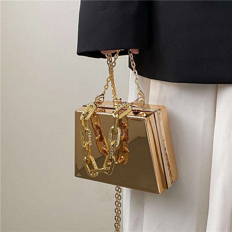 Metal Small Bag 2023 European and American Fashion Shiny Surface Retro Textured Ins Internet Celebrity Girl Chain Shoulder Box Bag