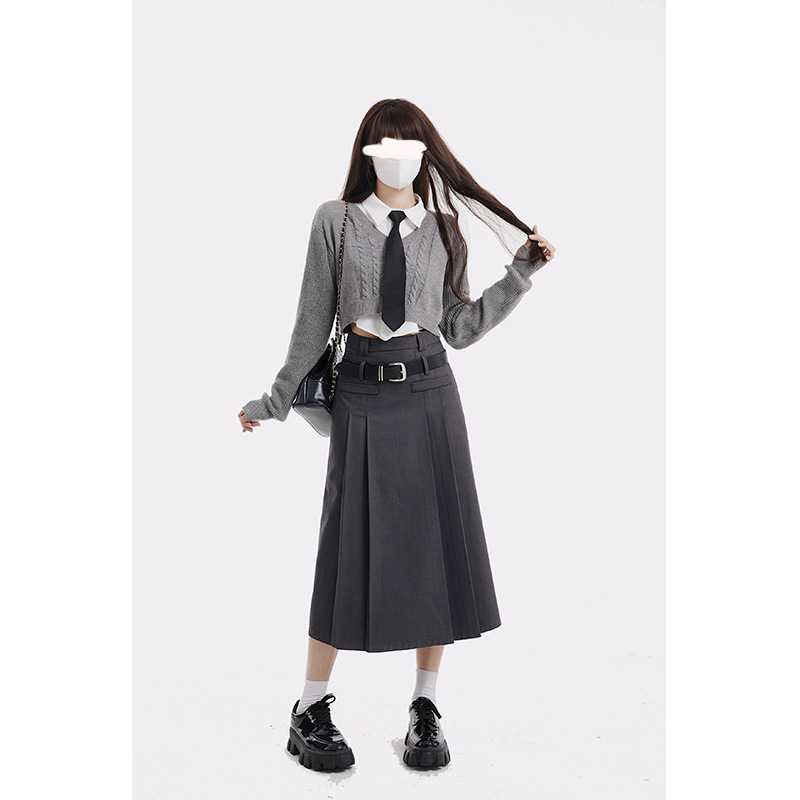 中城高校灰色半身裙女秋季高腰百搭长裙a字百褶裙子韩系学院风