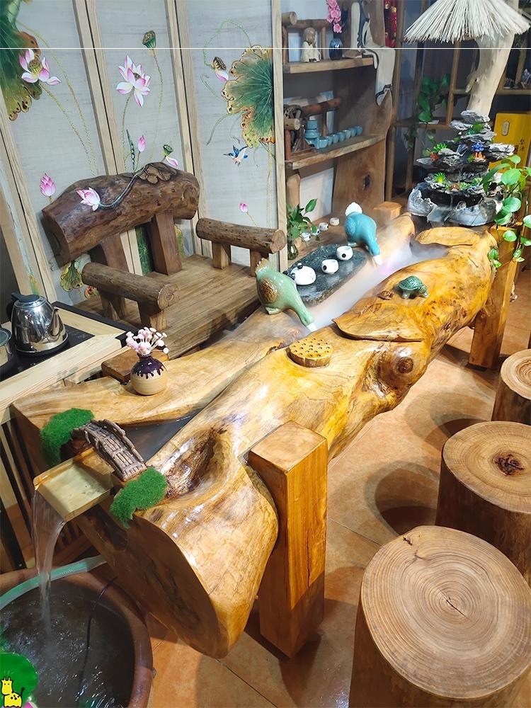 流水茶桌樟木循环养鱼台别墅客厅微景观大茶几禅意茶室办公泡茶