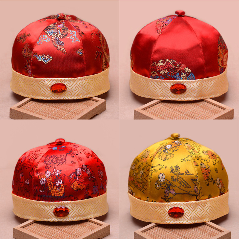 0-3岁婴儿帽子春秋宝宝唐装帽子婴幼儿红色地主帽百天周岁抓周帽