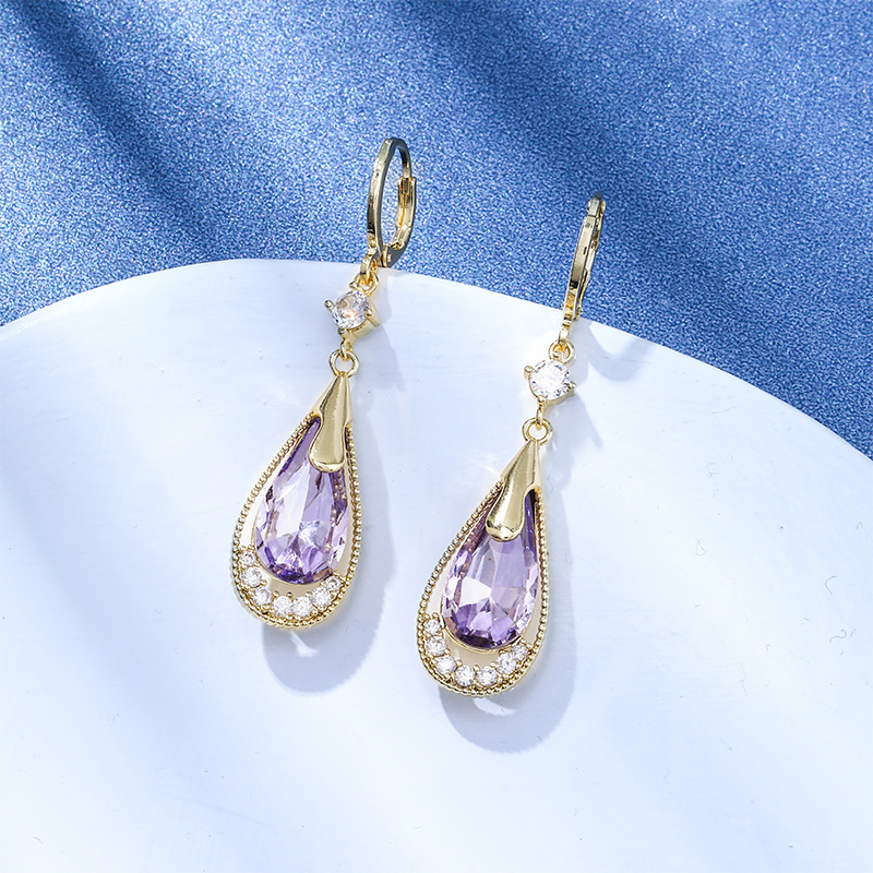 欧美新款水滴耳环女高级感简约时尚气质紫色水晶耳饰抖音网红同款