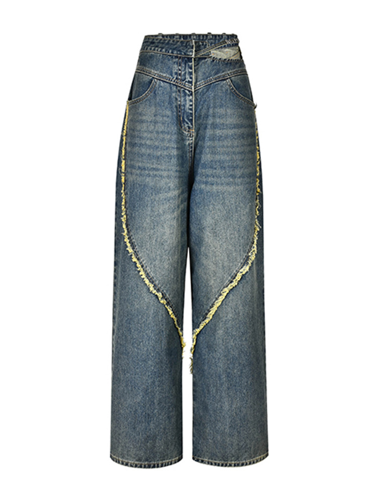 Women's Irregular Blue Jeans Autumn Leisure Baggy Straight Trousers High Waist Wide Leg Pants