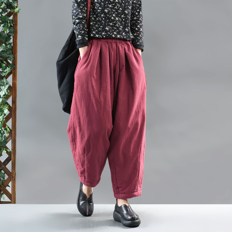 原创复古文艺棉麻夹棉女裤松紧腰保暖冬季纯色棉裤显瘦灯笼裤长裤