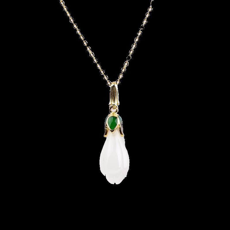 厂家批发金丝玉s925银鎏金镶玉兰花玉石吊坠复古景泰蓝玉石锁骨链