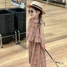 童装2024夏季韩版女童彩色格子清凉花边背心阔腿裤两件套时髦套装