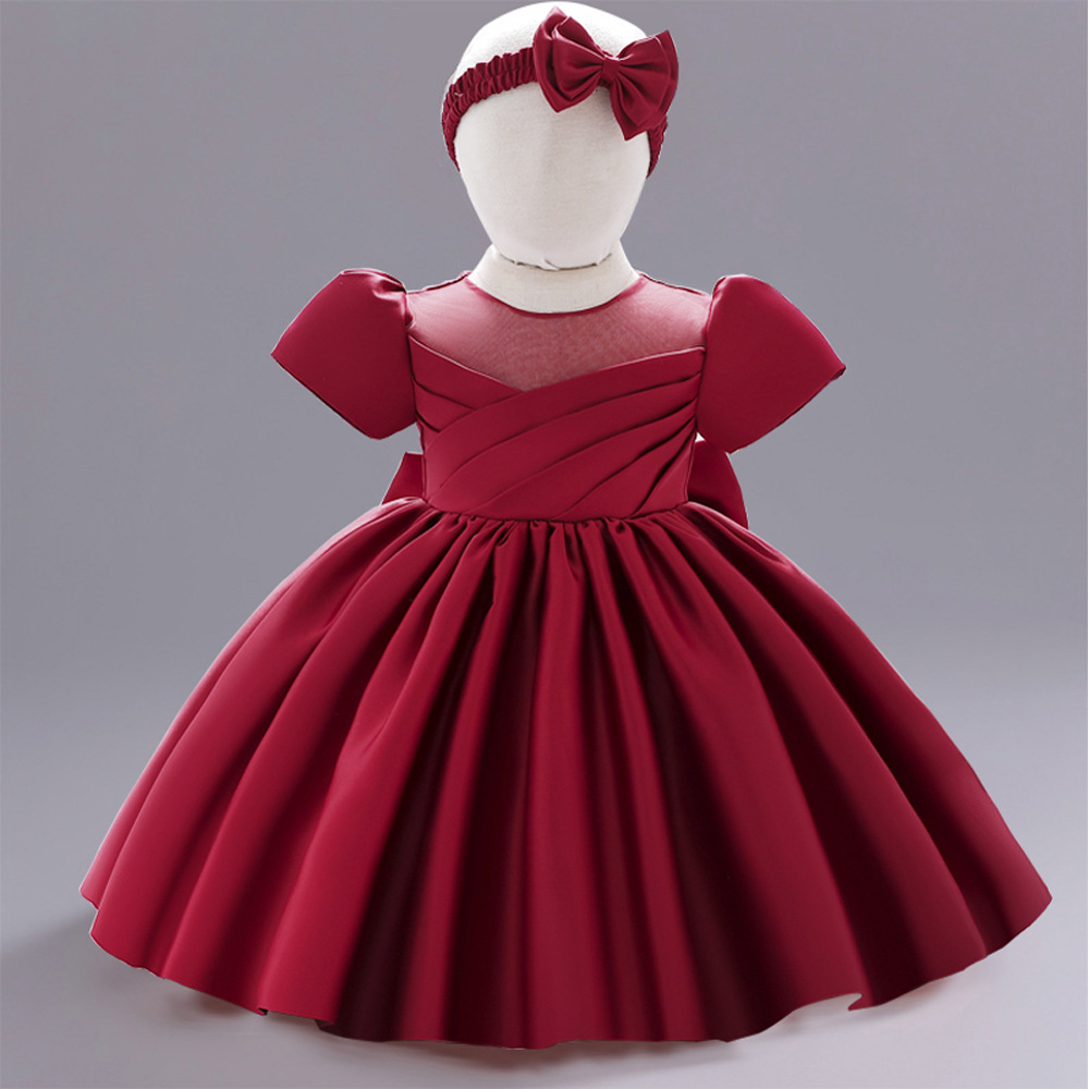 新款儿童礼服公主裙子小女孩缎面欧美亚马逊花童婚礼婴儿宝宝周岁