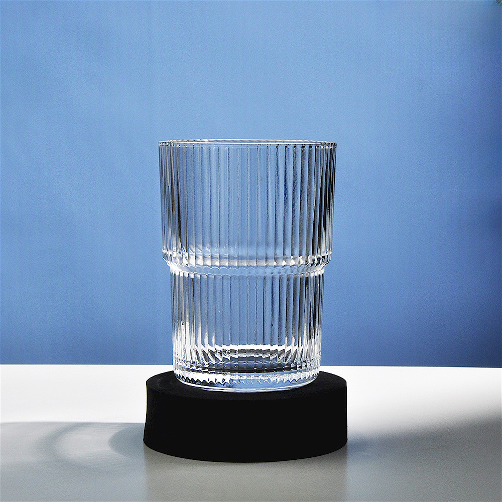 透明玻璃杯跨境条纹水杯可叠可乐杯网红杯子家用果汁杯柠檬早餐杯