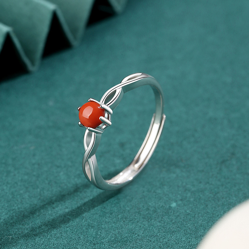 925 Silver Yidianhong Southern Red Agate Ring round Full Color Full of Flesh Persimmon Inlaid Mobius Simple Ring