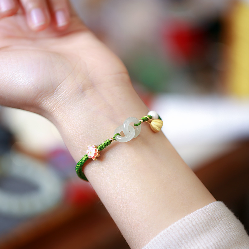 环环相扣手链 和田玉编织手绳民族风平安扣双环手链 闺蜜编绳礼物