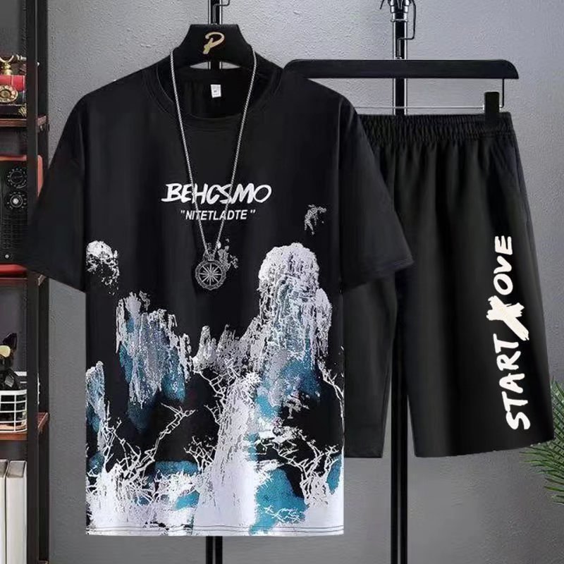 l  Shirt ess Clothing Men's Spring and Summer Thin Tie-Dyed Short Sleeve National Style andscape Painting in Stock Wholesale Crew Neck Casual Suit