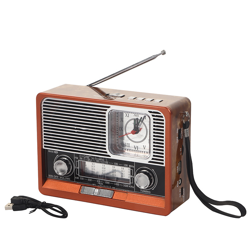 Nostalgic Retro Wood Grain Clock Player Wireless Solar with Light Bluetooth Audio Outdoor Vintage Radio