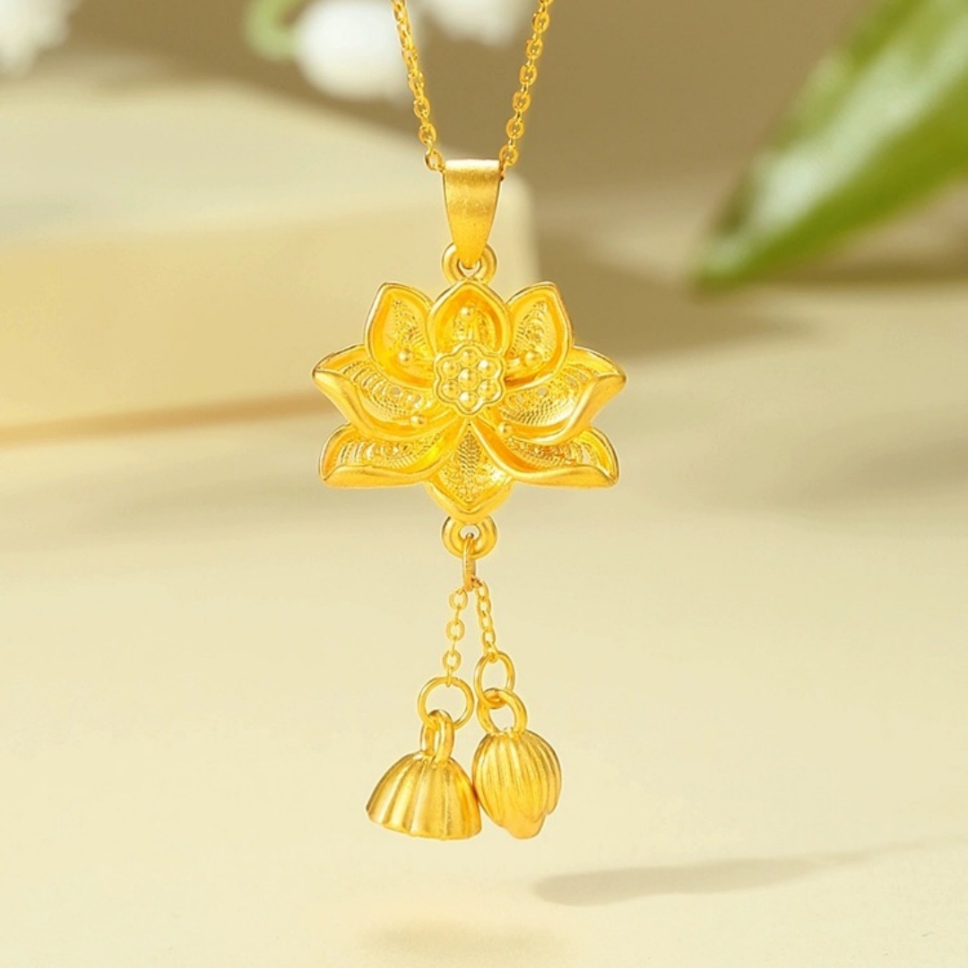 中国黄金999足金花丝莲花黄金吊坠女款三金荷花项链618情人节礼物