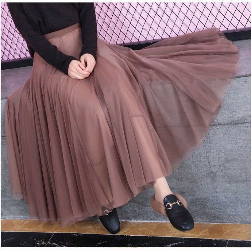 纱裙女半身裙新款中长款网纱a字裙百褶长裙黑色仙女沙裙大摆四季