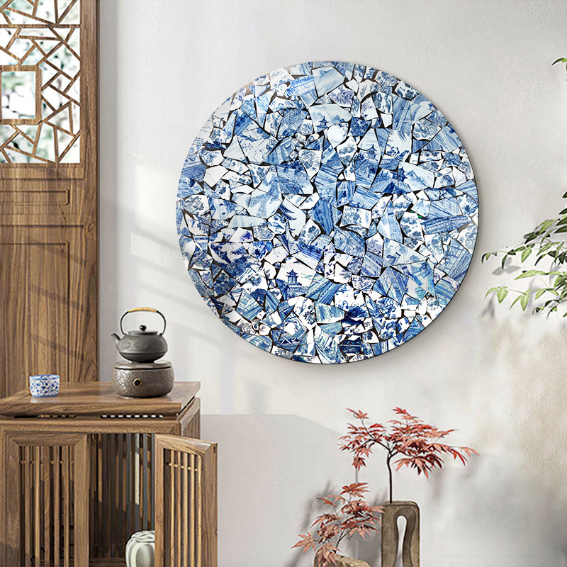 新中式圆形装饰画茶室挂画禅意艺术画立体实物画名宿壁画瓷片蓝色