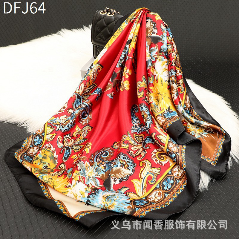 Spring, Autumn and Winter 90 Satin Scarf Female Intellectual Elegant All-Match Square Scarf Headscarf Dustproof Sunshade Headcloth Small Shawl