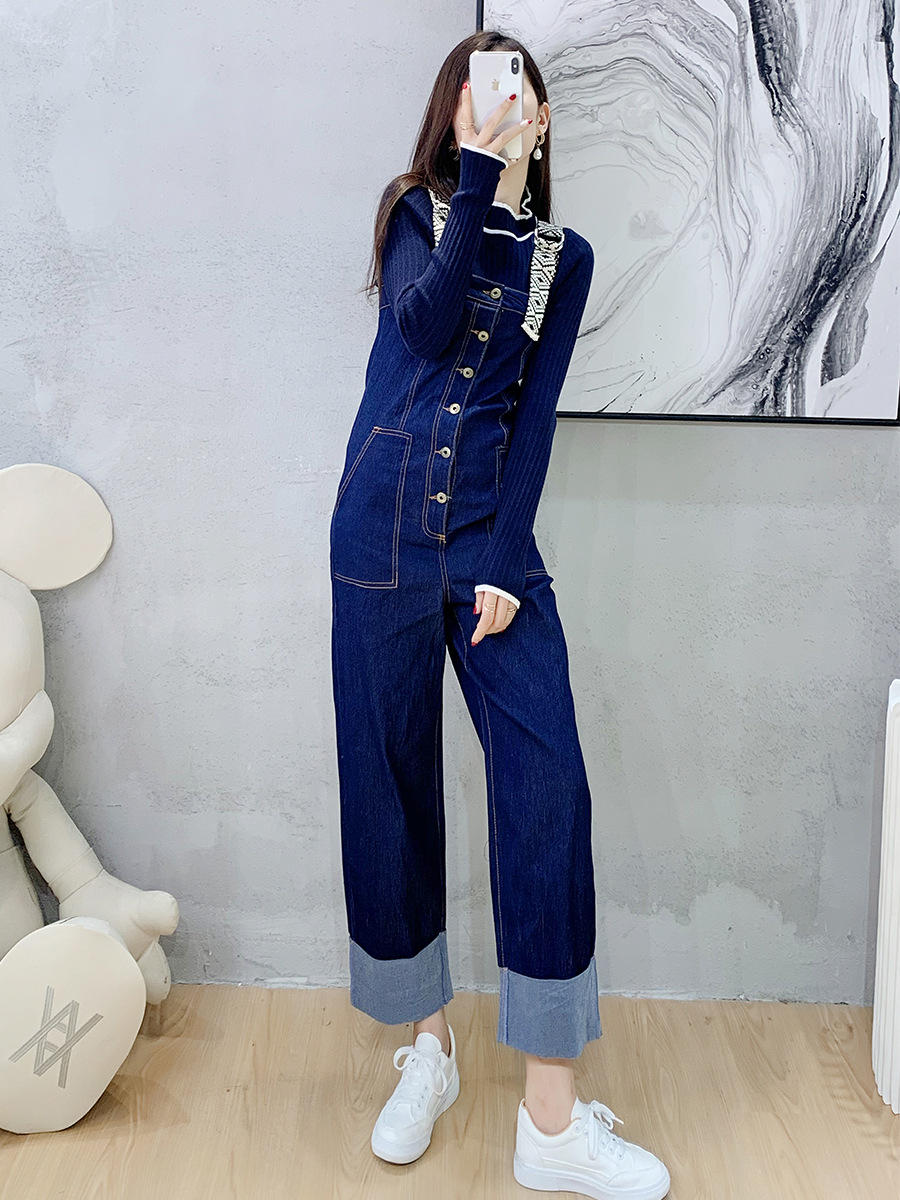 欧列时尚减龄牛仔背带裤套装女2021秋季气质连体裤两件套18613