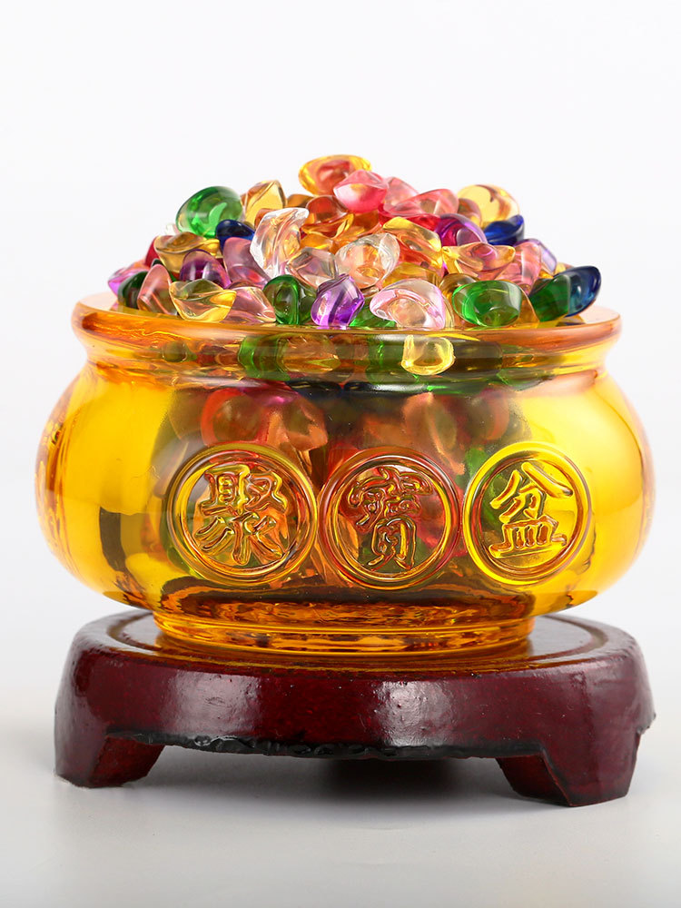 水晶聚宝盆摆件招财办公室客厅佛堂桌装饰品七彩琉璃元宝家居饰品