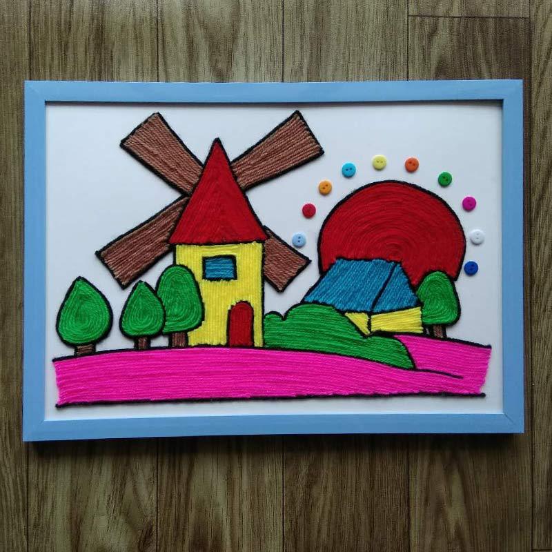 益智儿童手工diy创意材料包毛线纽扣画趣味亲子活动贴画新颖风车