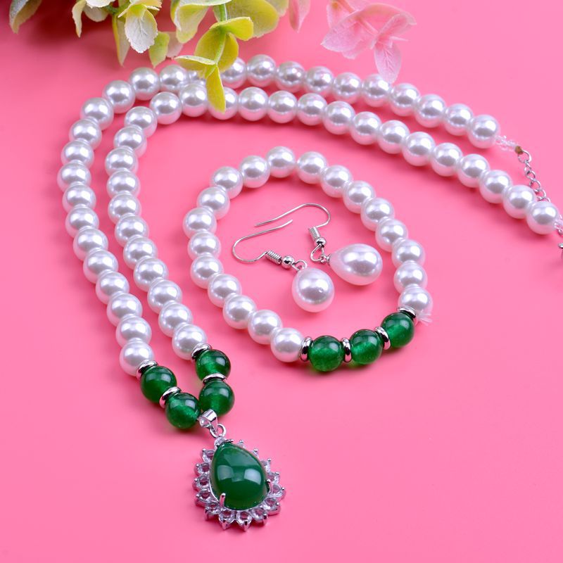 8mm Imitation Pearl Necklace Green Chalcedony Water Drop Pendant Necklace Female Clavicle Chain Mother's Day to Give Mom Gift Ornament