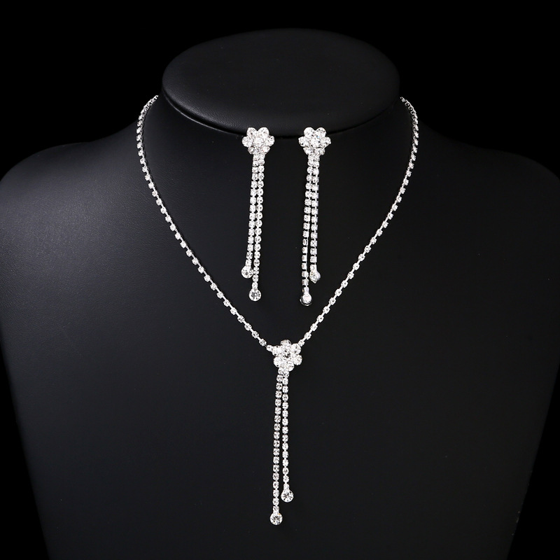 跨境热卖货源奢华婚礼婚纱配饰水钻长流苏项链耳环套装女首饰批发