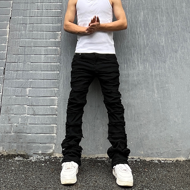 黑男美式高街嘻哈破坏毛边牛仔裤潮牌街头直筒修身显瘦白色长裤子