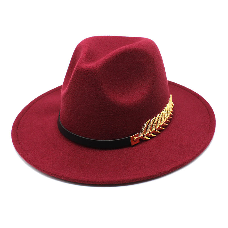 European and American Foreign Trade Leaf Decoration Ladies Woolen Hat Fedora Hat Autumn and Winter Korean Style British Vintage Top Hat Female Fashion