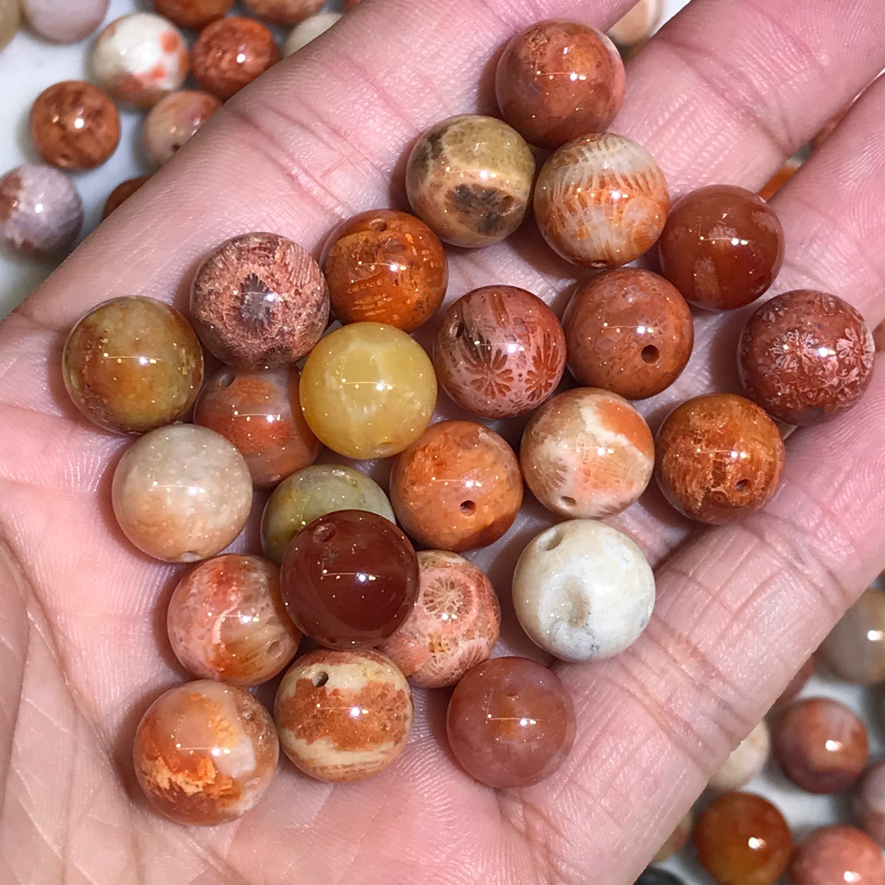 珊瑚玉彩花散珠红花粉红色圆珠菊花石女手链diy珠串配饰外贸批发