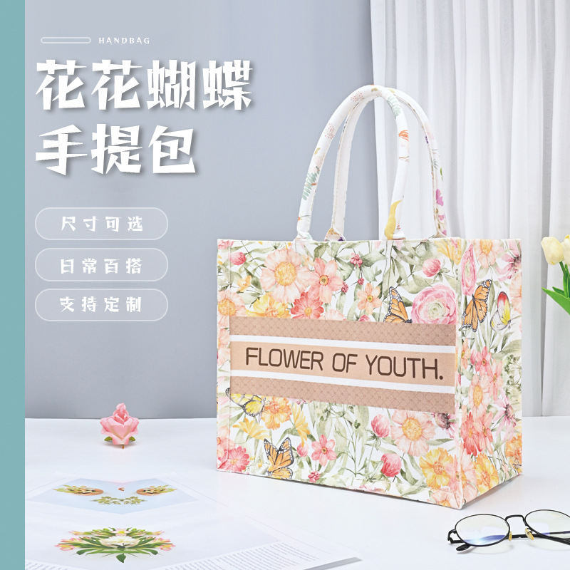 Canvas Bag Large Capacity Flower Butterfly Canvas Bag Factory Wholesale Women's Gift Handheld Canvas Tote Bag