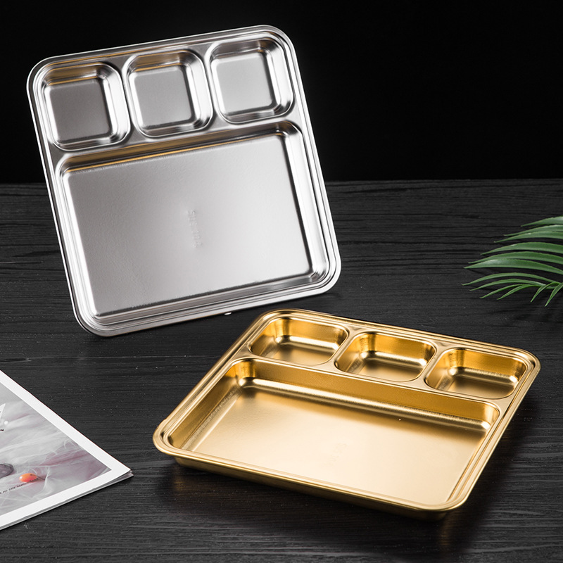 Hz473 Stainless Steel 304 Korean Grill Tray with Sauce Dish Gold Compartment Tray Snack Plate Steak Plate Dipping Plate