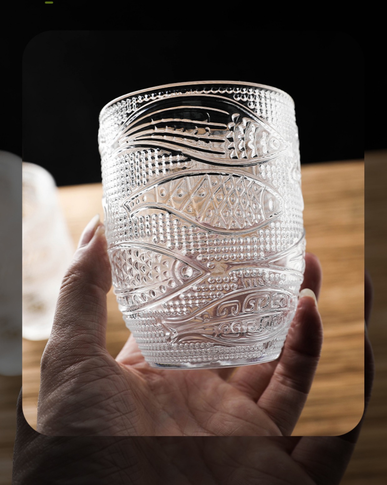 创意家用鱼纹玻璃杯子浮雕喝水杯早餐杯复古果汁饮料杯带勺泡茶杯