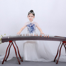 儿童古筝演出礼服2024新款青花瓷中式古典显瘦长款走秀考级礼服裙