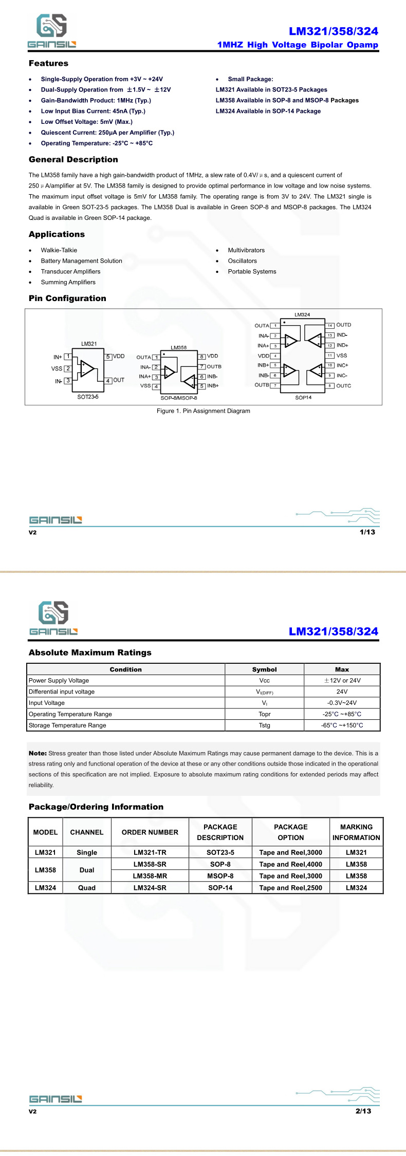 lm358-sr 1mhz 高压双极运算放大器芯片 贴片sop-8 全新原装