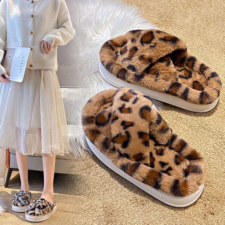 跨境大码毛毛拖鞋女2023新款时尚豹纹交叉毛毛拖slippers欧美外贸