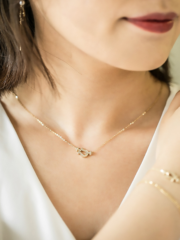 施家s925纯银镀14k金项链女学生新款ins简约风可摆动u型锁骨链