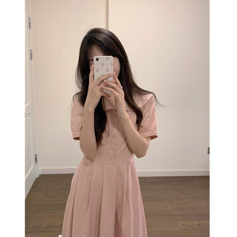 温柔风气质粉色娃娃领连衣裙女夏季新款小个子减龄收腰显瘦中长裙