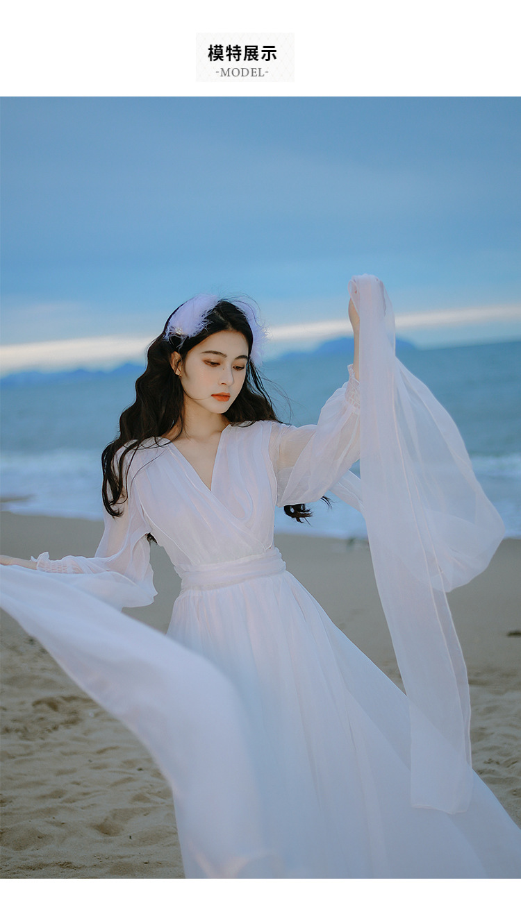 实拍 三亚旅拍仙女白色雪纺露背拖尾灯笼袖大裙摆海边长裙