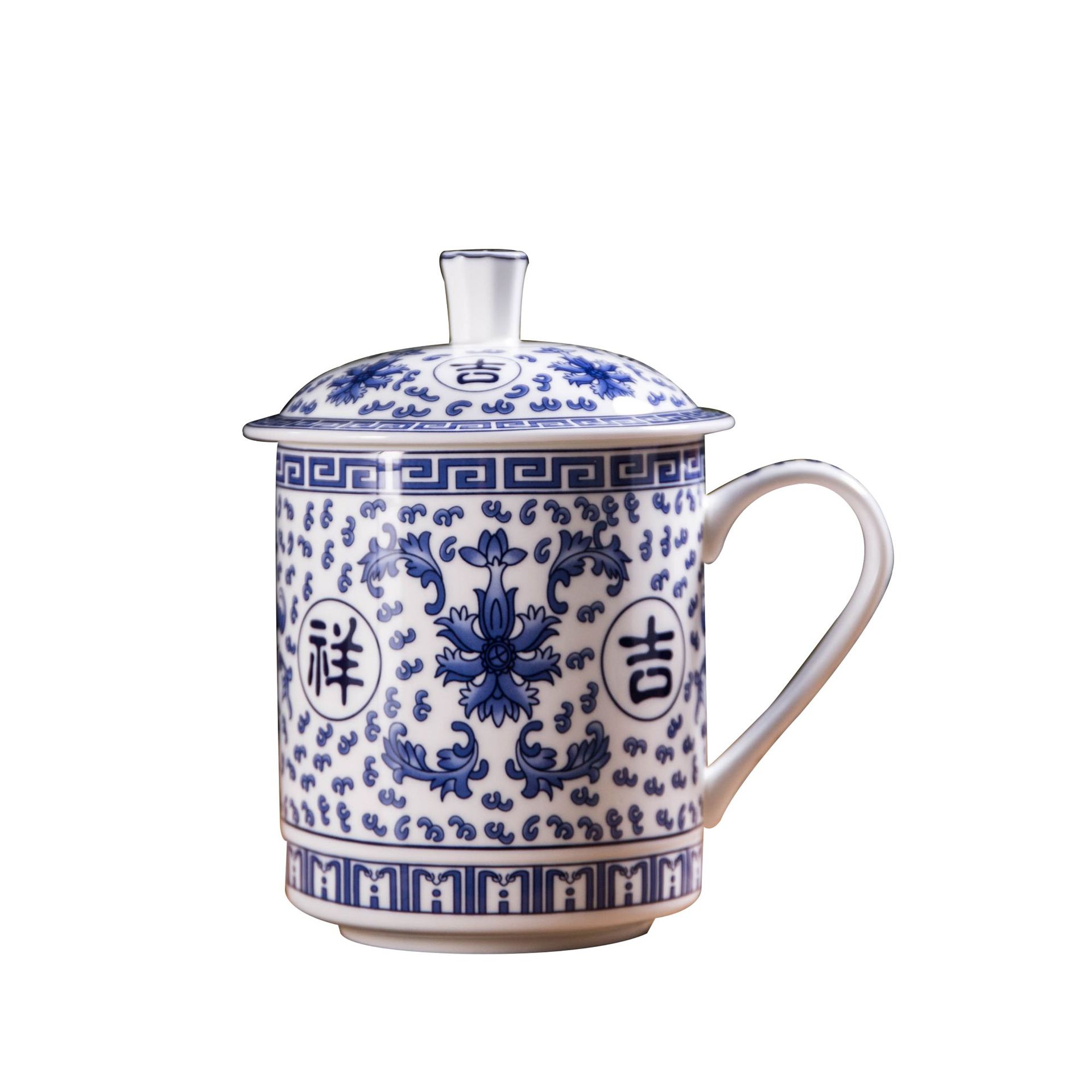 Jingdezhen Ceramic Cup Household Large Capacity Office Cup Blue and White Bone-China Cup Gift Conference Cup with Lid LG Customization