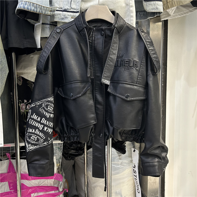 2024春季新款欧洲站洋气复古机车皮衣印花高腰显瘦水洗pu皮外套潮