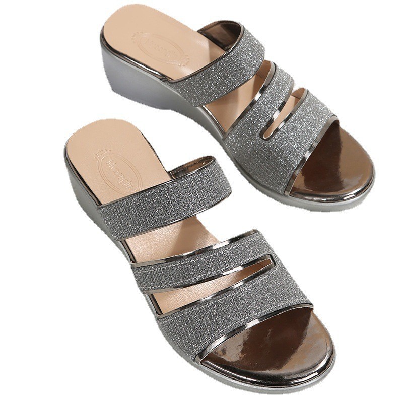 Summer New Wedge Sandals Women's Sequined Open Toe Roman Style Sandals Foreign Trade Large Size One-Line Platform Sandals