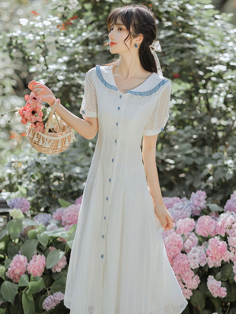 法式复古温柔甜美少女裙子很仙学院风连衣裙夏季娃娃领小众收腰潮