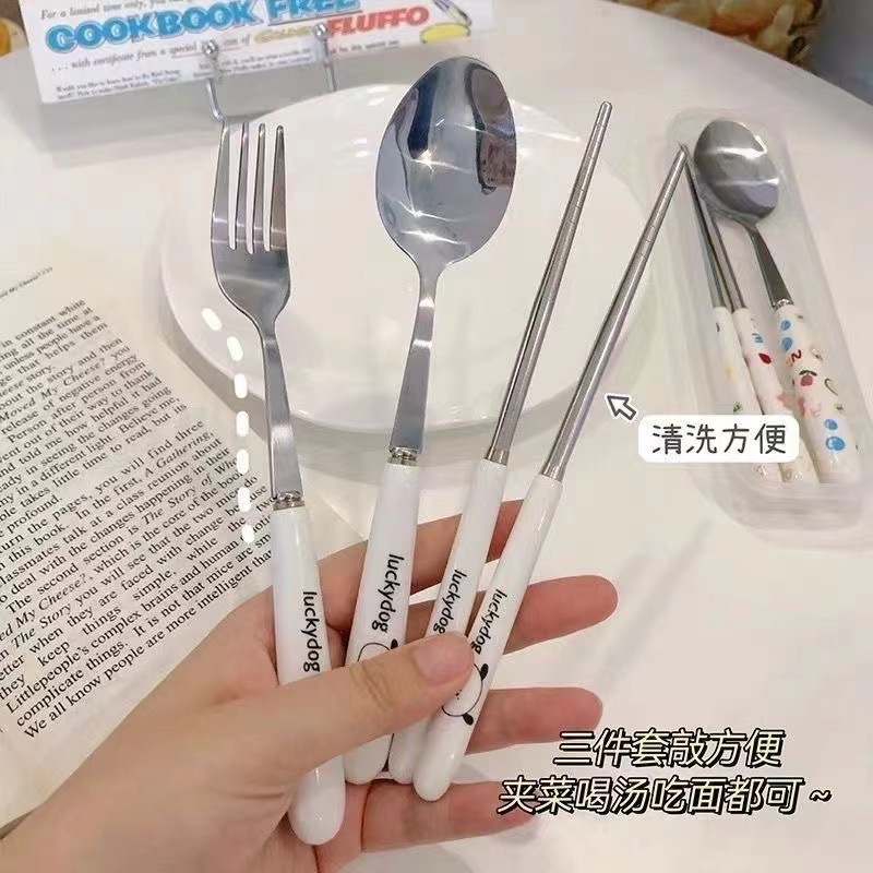 Cartoon Puppy Children Student Outdoor Stainless Steel Convenient Tableware Three-Piece Set Spoon Fork Chopsticks Tableware Set